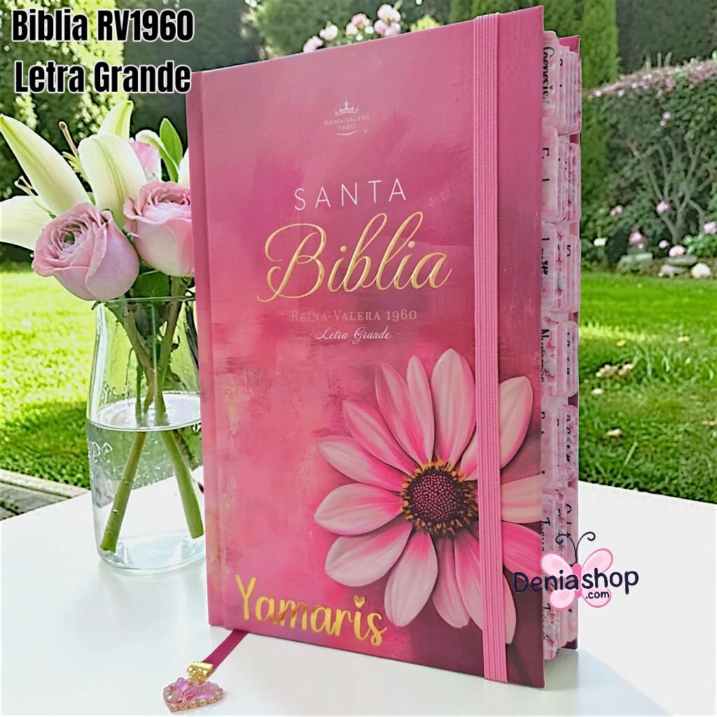 Biblia Personalizada Rosada con Flor - Letra Grande de 12 Puntos - Reina Valera 1960 - Tapa Dura - Tamaño Regular - Español