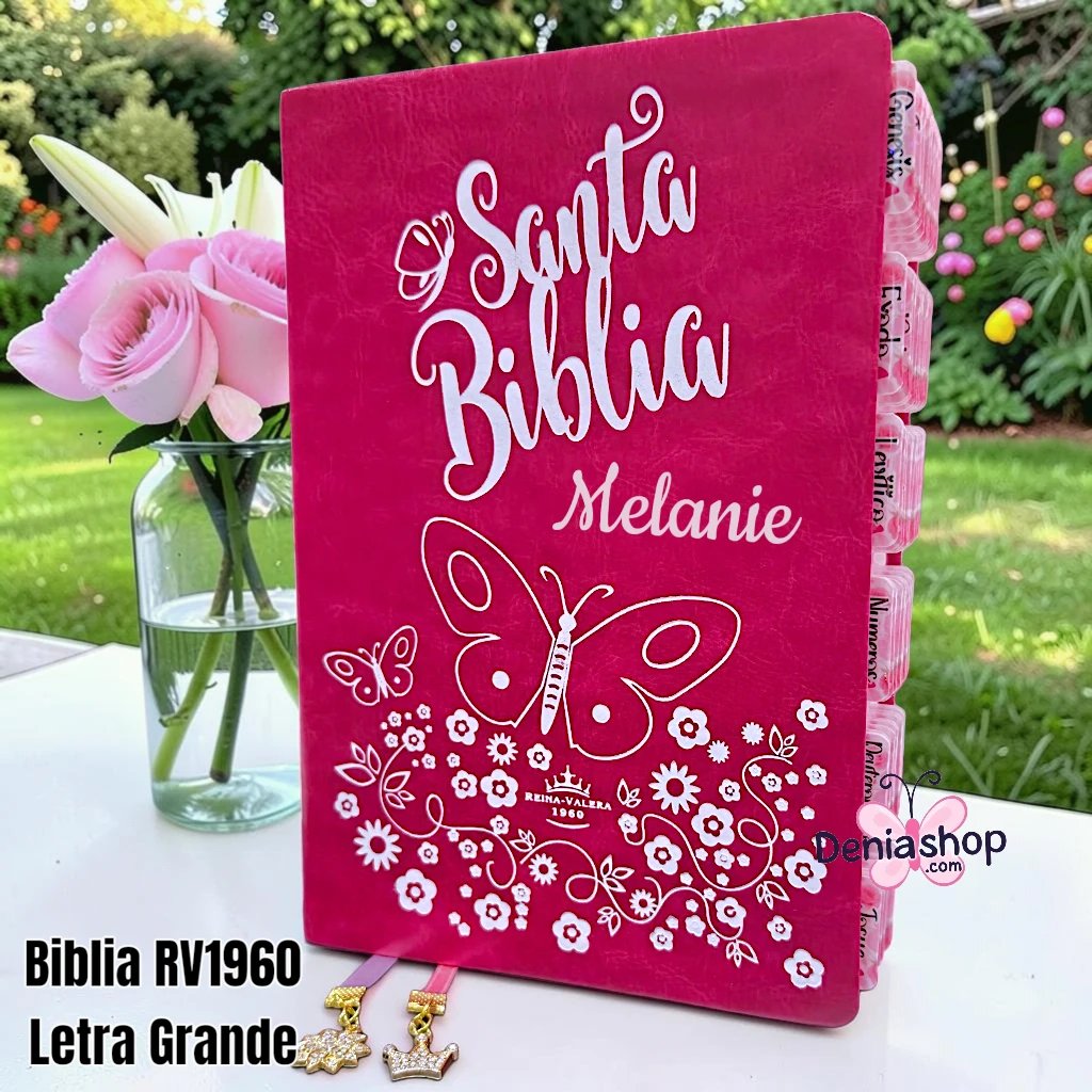Biblia Personalizada Roja con Mariposa - Letra Grande de 12 Puntos - Reina Valera 1960 - Tamaño Compacta - Español