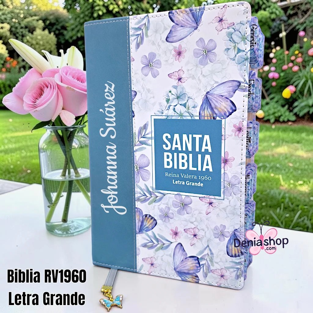 Biblia Personalizada Azul Acero con Mariposas - Letra Grande de 12 Puntos - Reina Valera 1960 - Tapa Dura - Tamaño Regular - Español