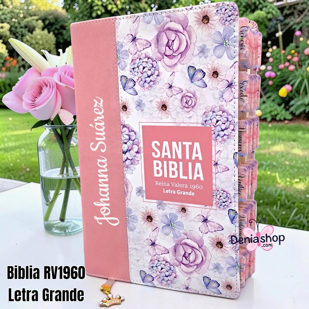 Biblia Personalizada Rosa Malva con Mariposas - Letra Grande de 12 Puntos - Reina Valera 1960 - Tapa Dura - Tamaño Manual - Español