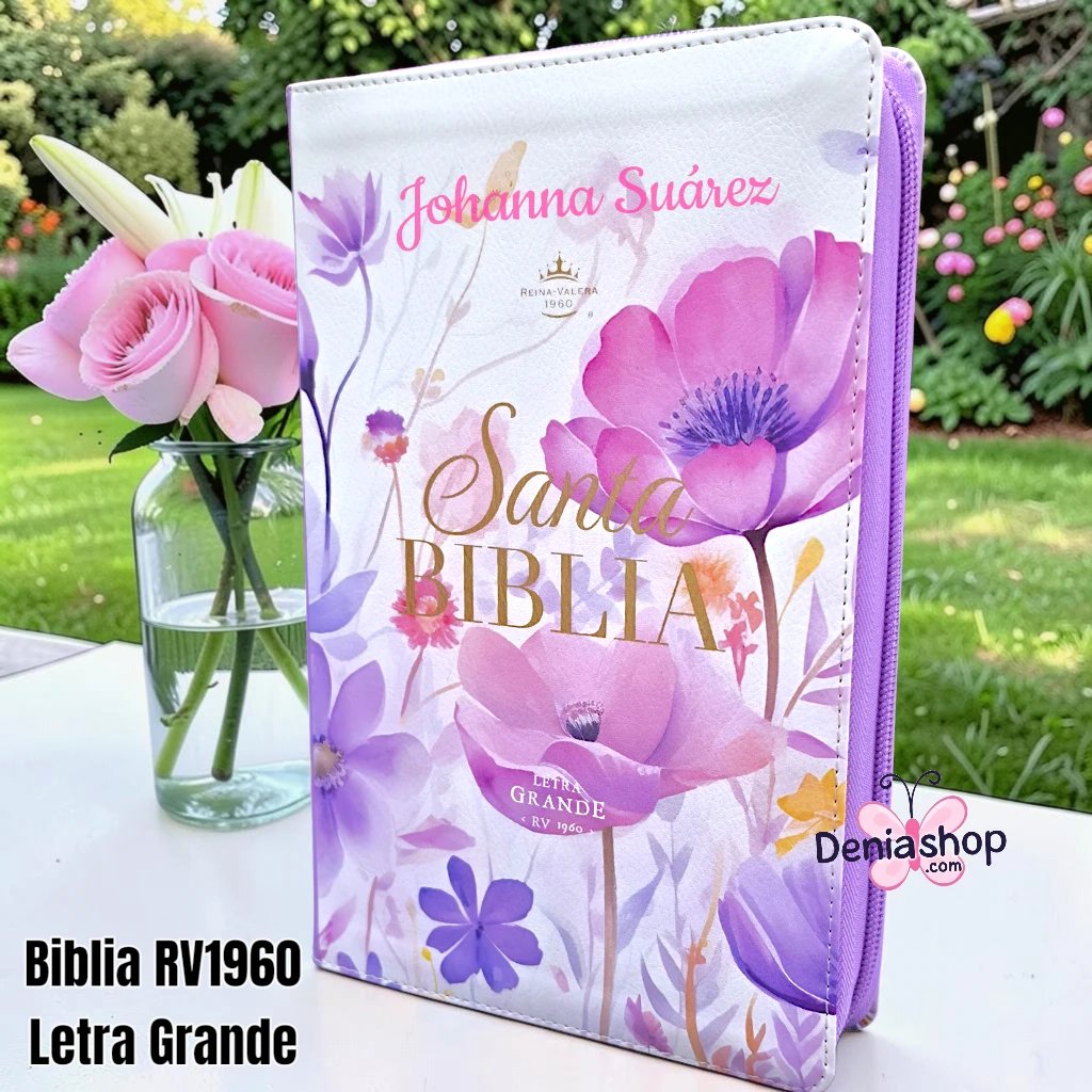 Biblia Personalizada Morada Floral - Letra Grande de 12 Puntos - Reina Valera 1960 - Tamaño Manual con Cierre - Español