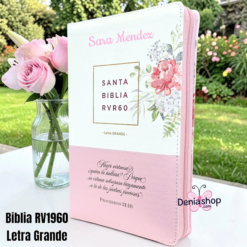 Biblia Personalizada Rosada Floral - Letra Grande de 12 Puntos - Reina Valera 1960 - Tamaño Manual con Cierre - Español