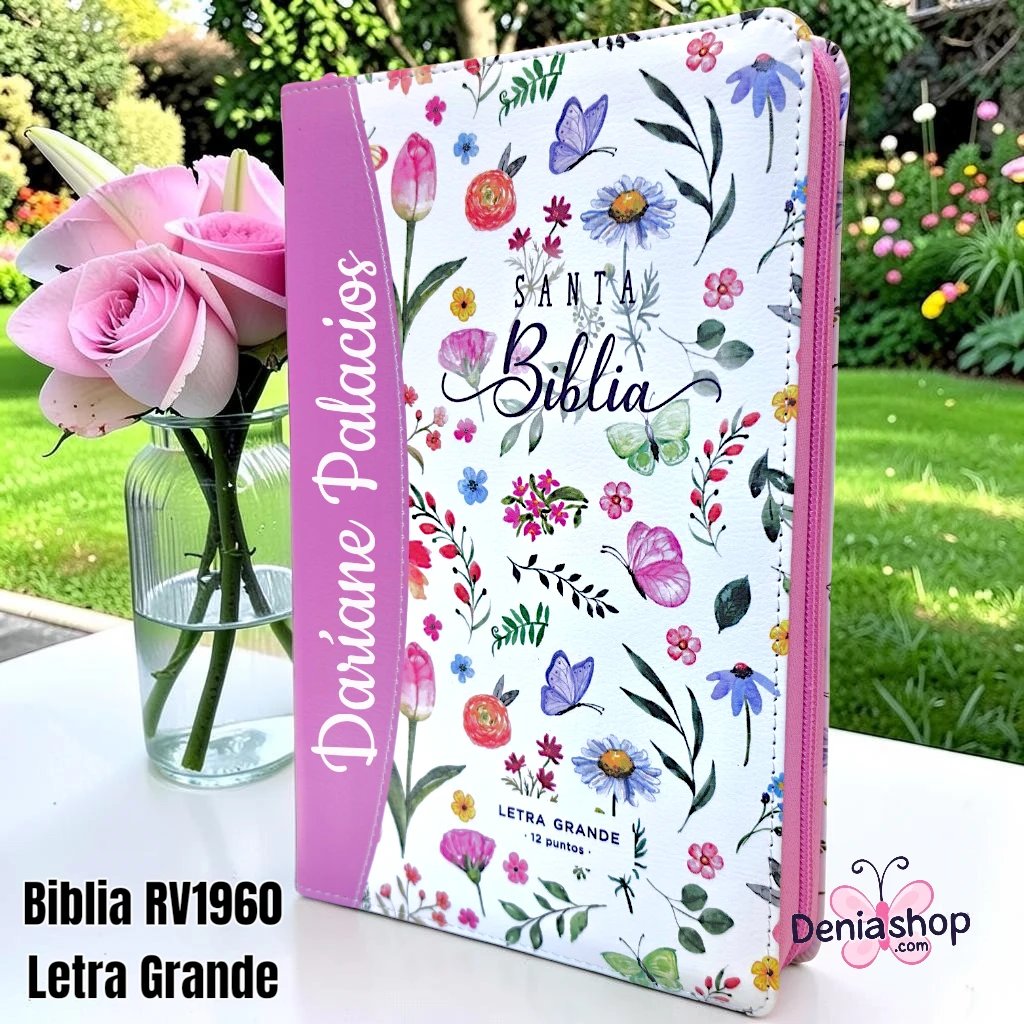 Biblia Personalizada Rosado Lila Floral - Letra Grande de 12 Puntos - Reina Valera 1960 - Tamaño Manual con Cierre - Español