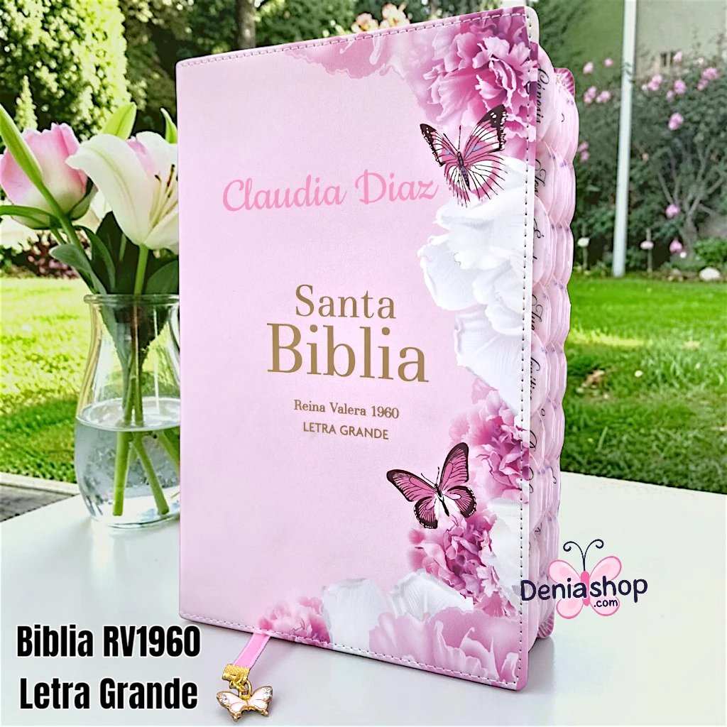 Biblia Personalizada Rosada de Mariposas - Letra Grande de 12 Puntos - Reina Valera 1960 - Tamaño Regular - Español