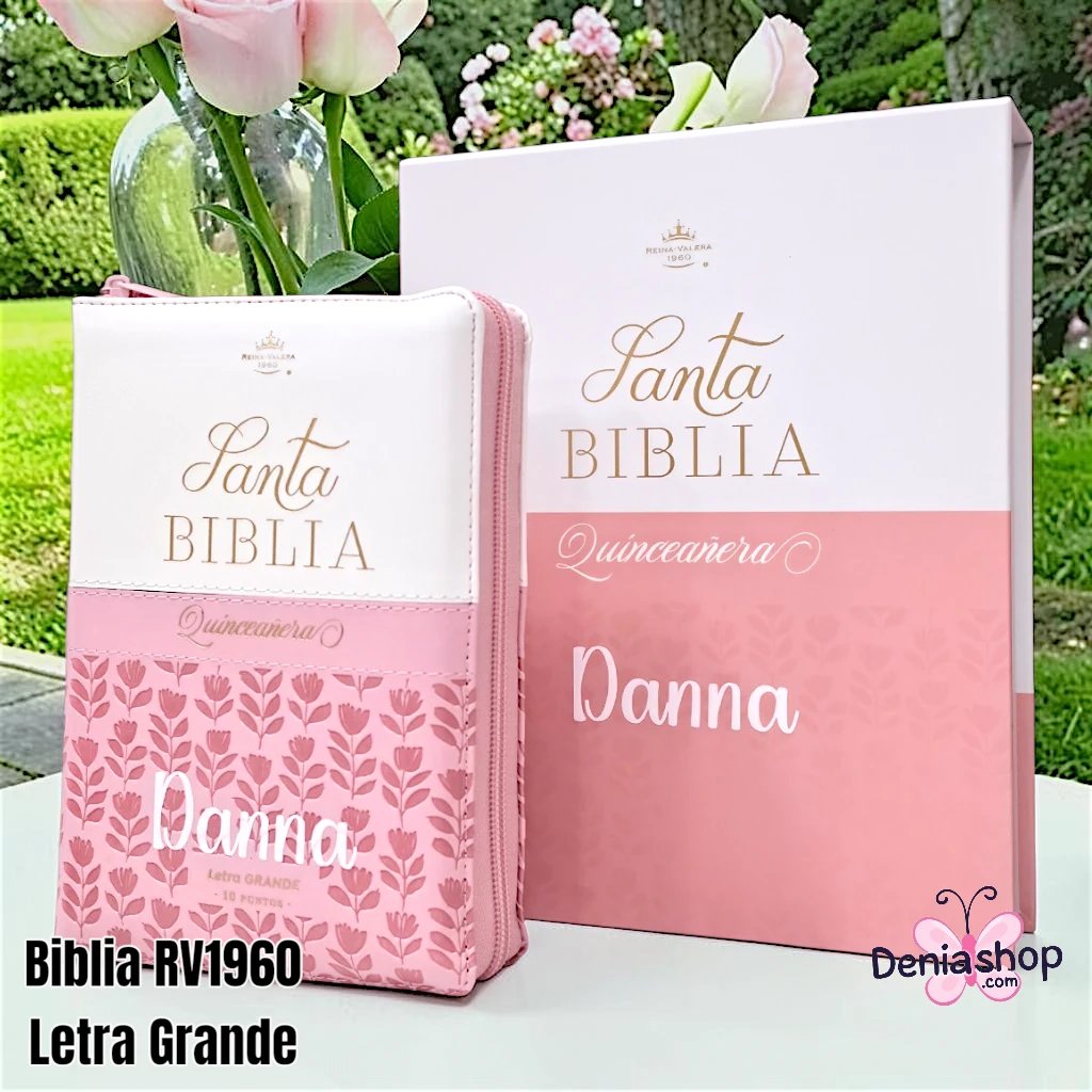 Biblia Personalizada Rosada Para Quinceañera con Caja de Regalo - Letra Pequeña de 10 Puntos - Reina Valera 1960 - Tamaño Compacta con Cierre - Español