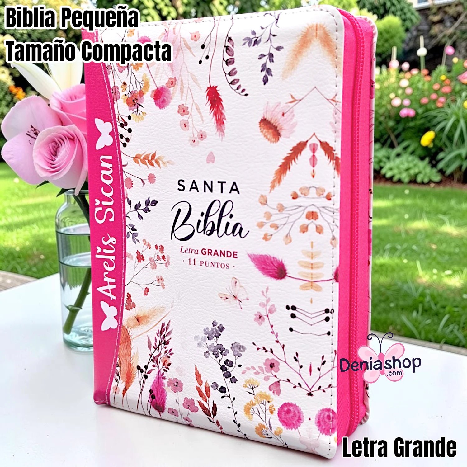 Biblia Personalizada Fucsia Jardín - Letra Grande de 11 Puntos - Reina Valera 1960 - Tamaño Compacta con Cierre - Español