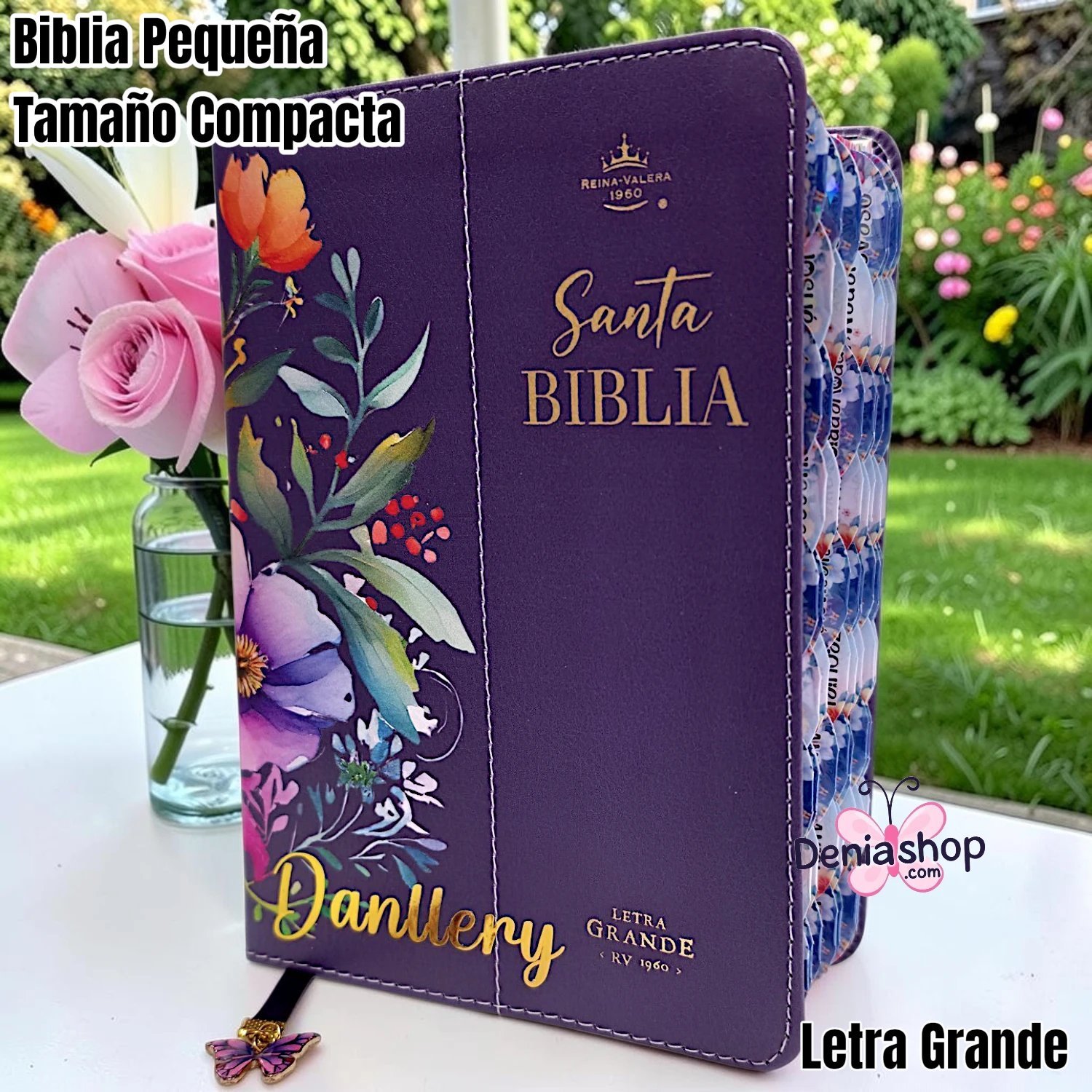 Biblia Personalizada Azul Morado Floral - Letra Grande de 12 Puntos - Reina Valera 1960 - Tamaño Compacta - Español
