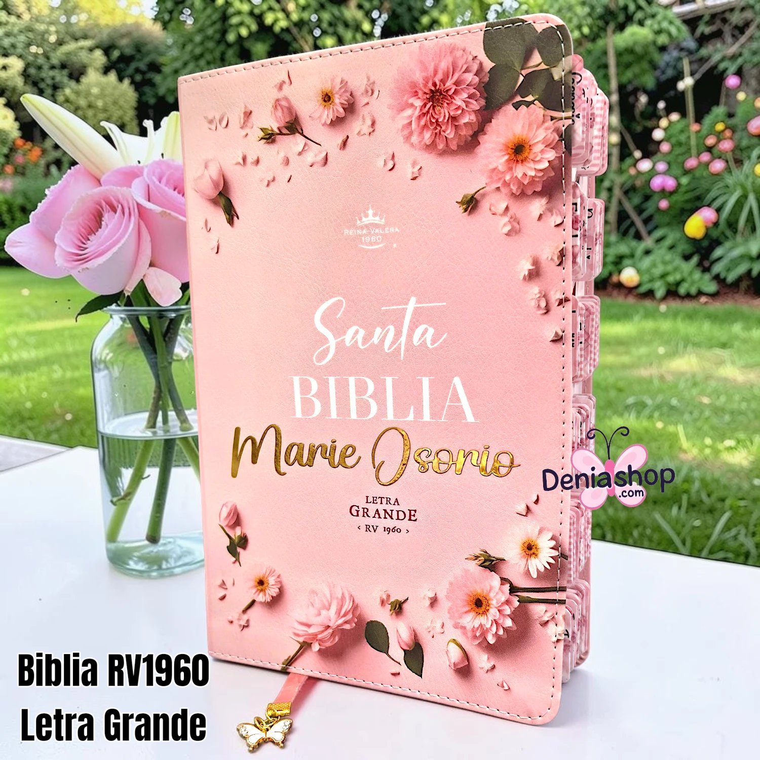 Biblia Personalizada Rosado Pétalo Floral - Letra Grande de 12 Puntos - Reina Valera 1960 - Tamaño Manual - Español