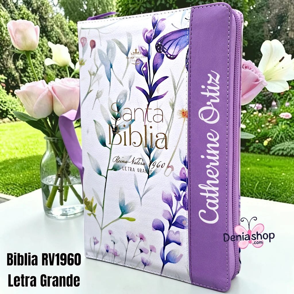 Biblia Personalizada Morada Ramas de Fe - con Asa de Mano - Letra Grande de 12 Puntos - Reina Valera 1960 - Tamaño Regular con Cierre - Español