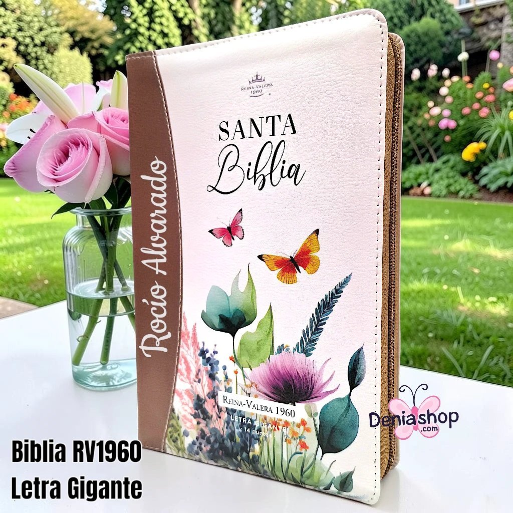 Biblia Personalizada Café Floral - Letra Gigante de 14 Puntos - Reina Valera 1960 - Tamaño Regular con Cierre - Español