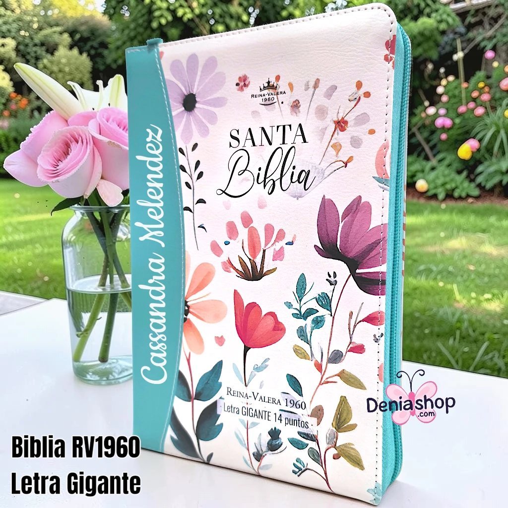 Biblia Personalizada Verde Aqua Floral - Letra Gigante de 14 Puntos - Reina Valera 1960 - Tamaño Regular con Cierre - Español