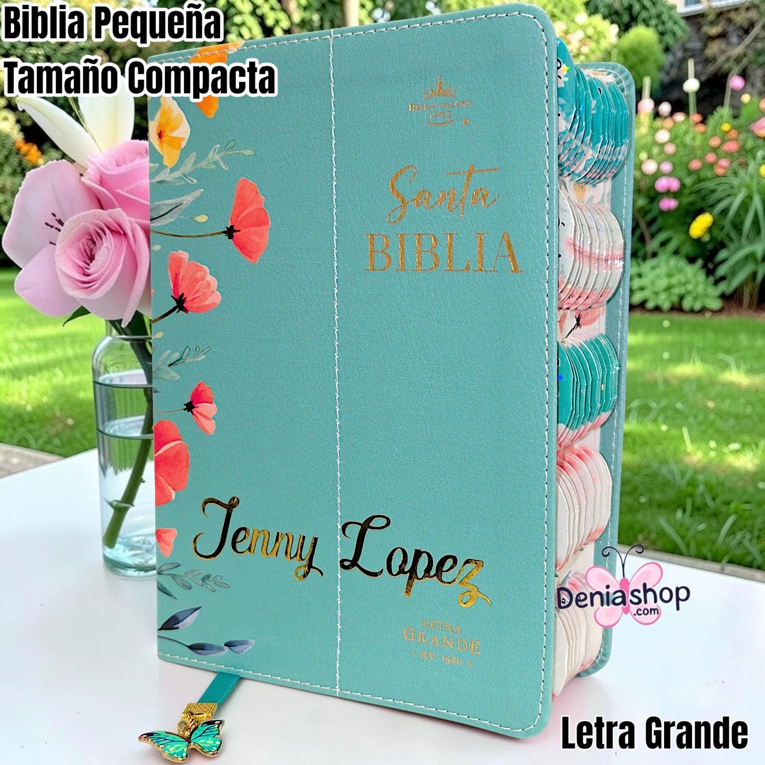 Biblia Personalizada Verde Aqua - Letra Grande de 12 Puntos - Reina Valera 1960 - Tamaño Compacta - Español