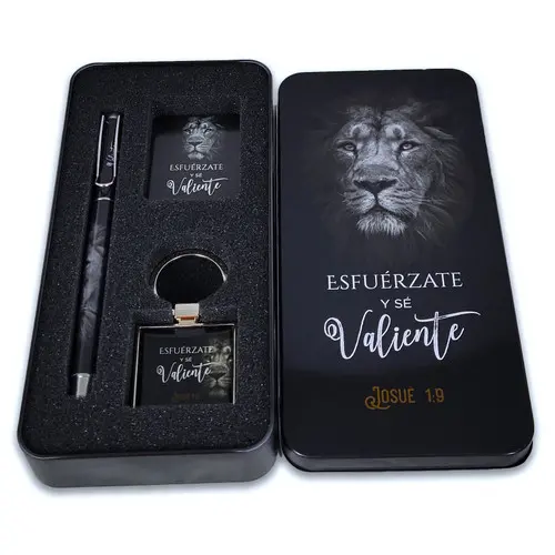 Caja Metálica con Diseño de León con Llavero, Bolígrafo, y Tarjeta: Esfuérzate y sé valiente - Josué 1:9