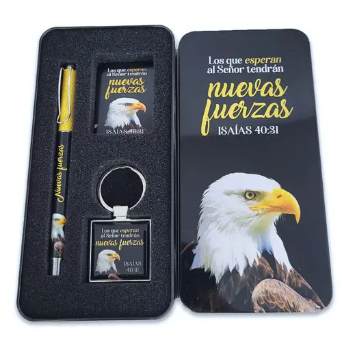 Caja Metálica con Diseño de Águila de Llavero, Bolígrafo, y Tarjeta: Nuevas fuerzas - Isaías 40:31