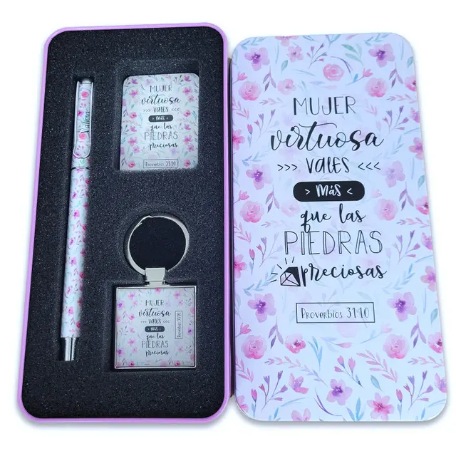 Caja Metálica con Llavero, Bolígrafo y Tarjeta – Mujer Virtuosa | Proverbios 31:10