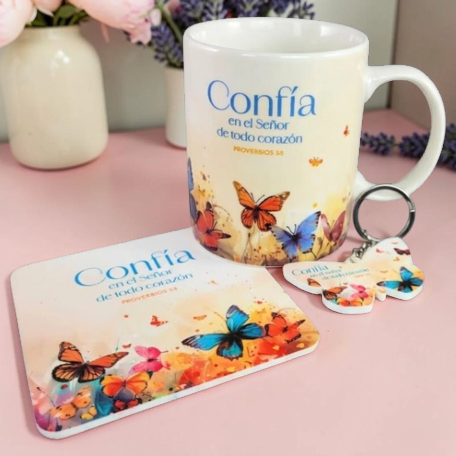 Pack Taza, Llavero, y Posavasos: Confía en el Señor - Proverbios 3:5