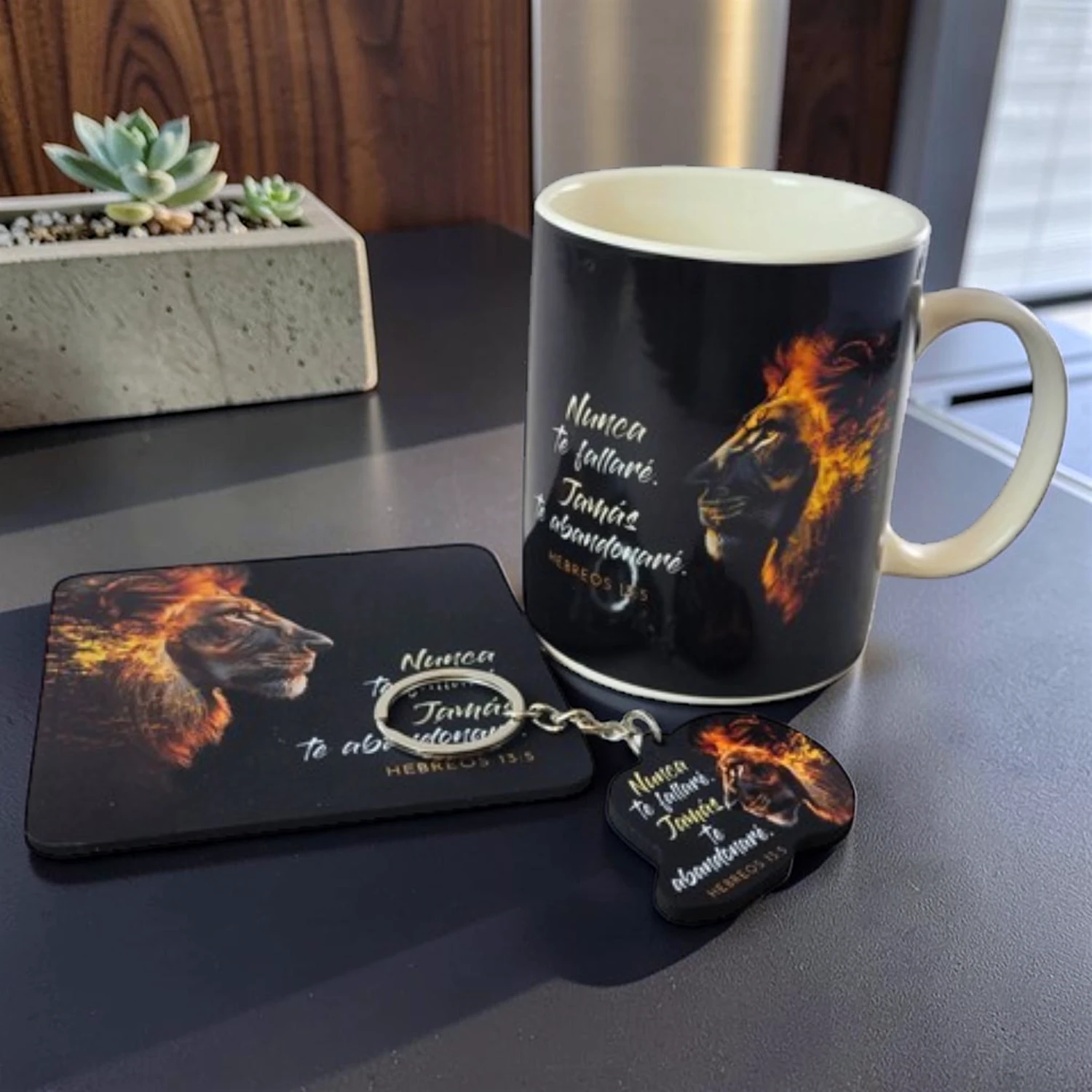 Pack Taza, Llavero, y Posavasos: Nunca te fallaré - Hebreos 13:5