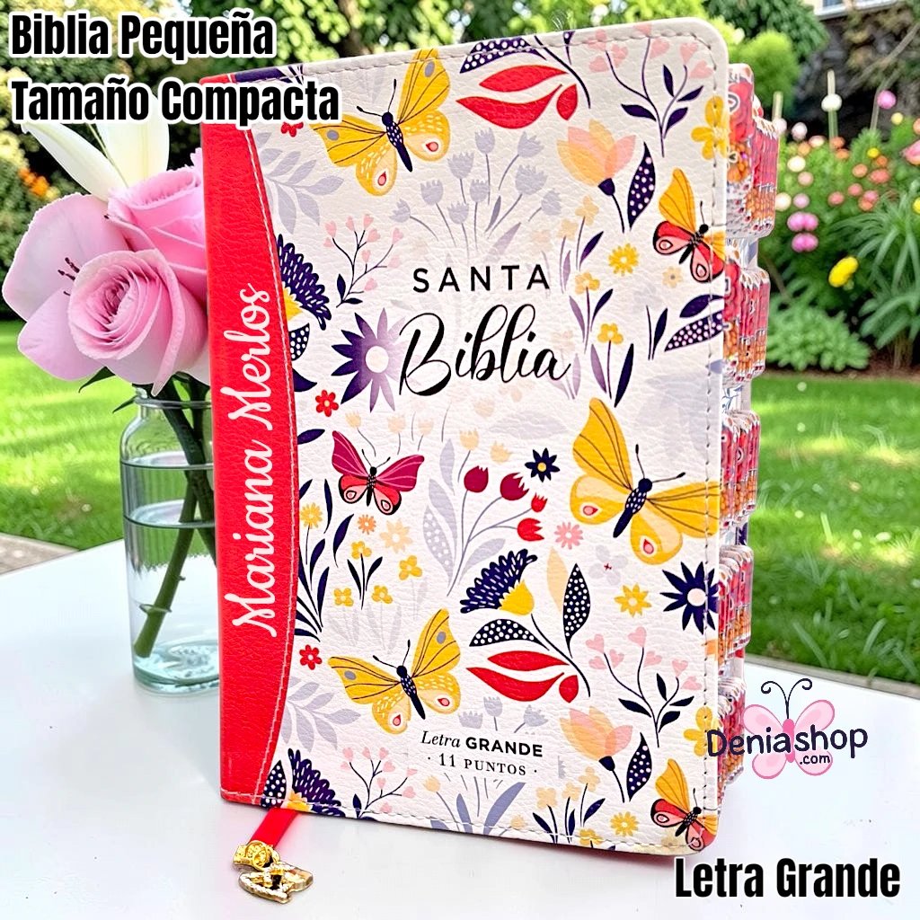Biblia Personalizada Anaranjado Coral Floral - Letra Grande de 11 Puntos - Versión Reina Valera 1960 - Tamaño Compacta – Español