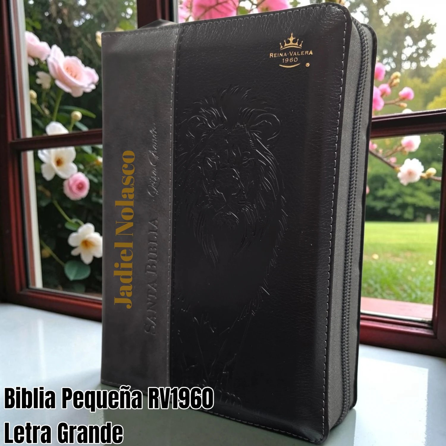 Biblia Personalizada Negra de León - Letra Grande de 12 Puntos - Reina Valera 1960 - Tamaño Compacta con Cierre - Español