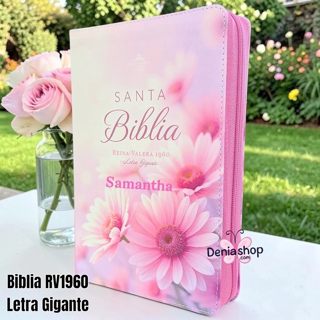 Biblia Personalizada Rosa de Margaritas - Letra Gigante de 14 Puntos - Reina Valera 1960 - Tamaño Manual con Cierre - Español