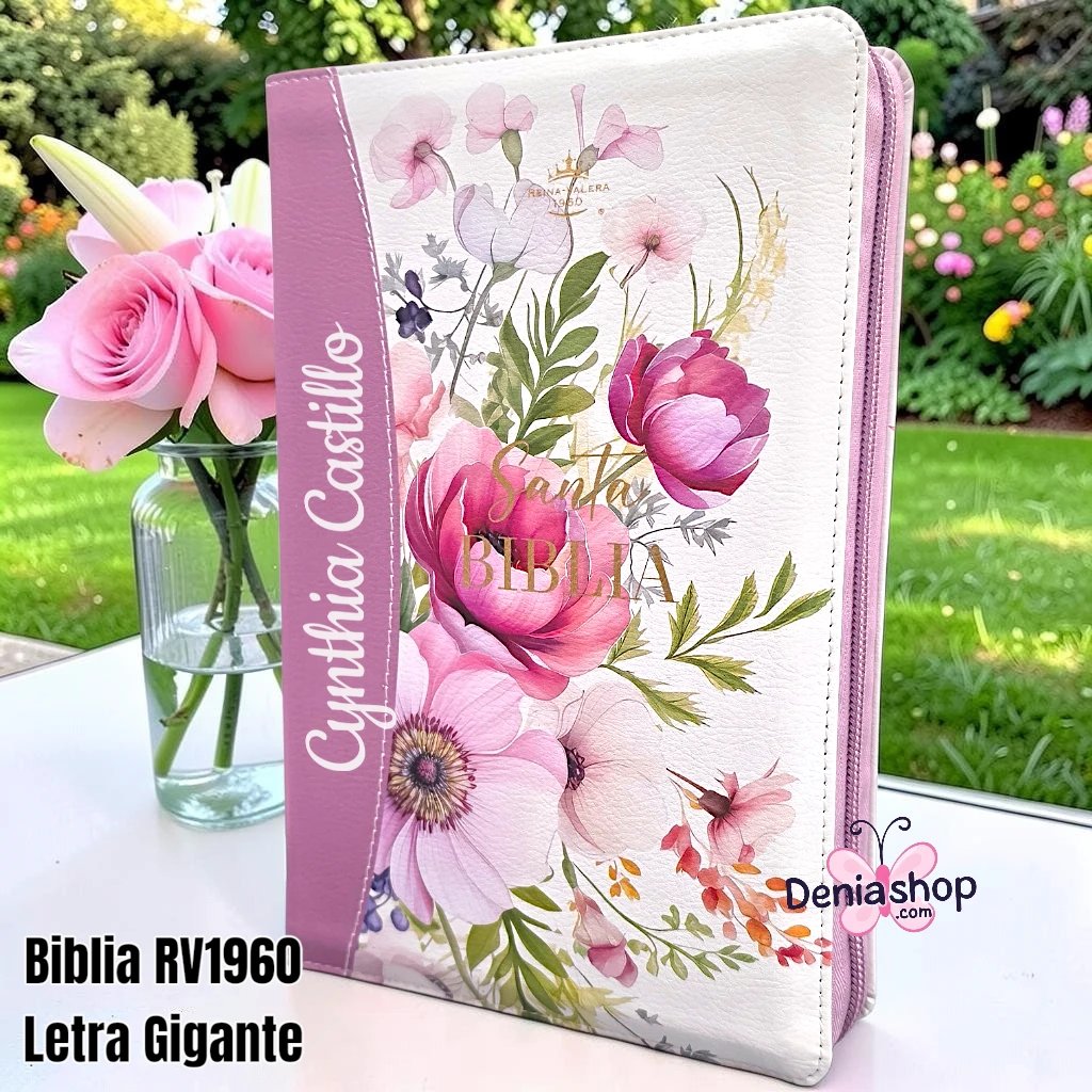 Biblia Personalizada Morado Lila Floral - Letra Gigante de 14 Puntos - Reina Valera 1960 - Tamaño Manual con Cierre - Español