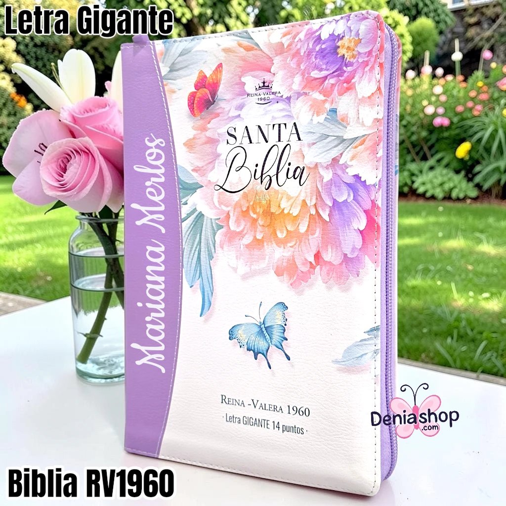 Biblia Personalizada Morada Floral - Letra Gigante de 14 Puntos - Reina Valera 1960 - Tamaño Manual con Cierre - Español