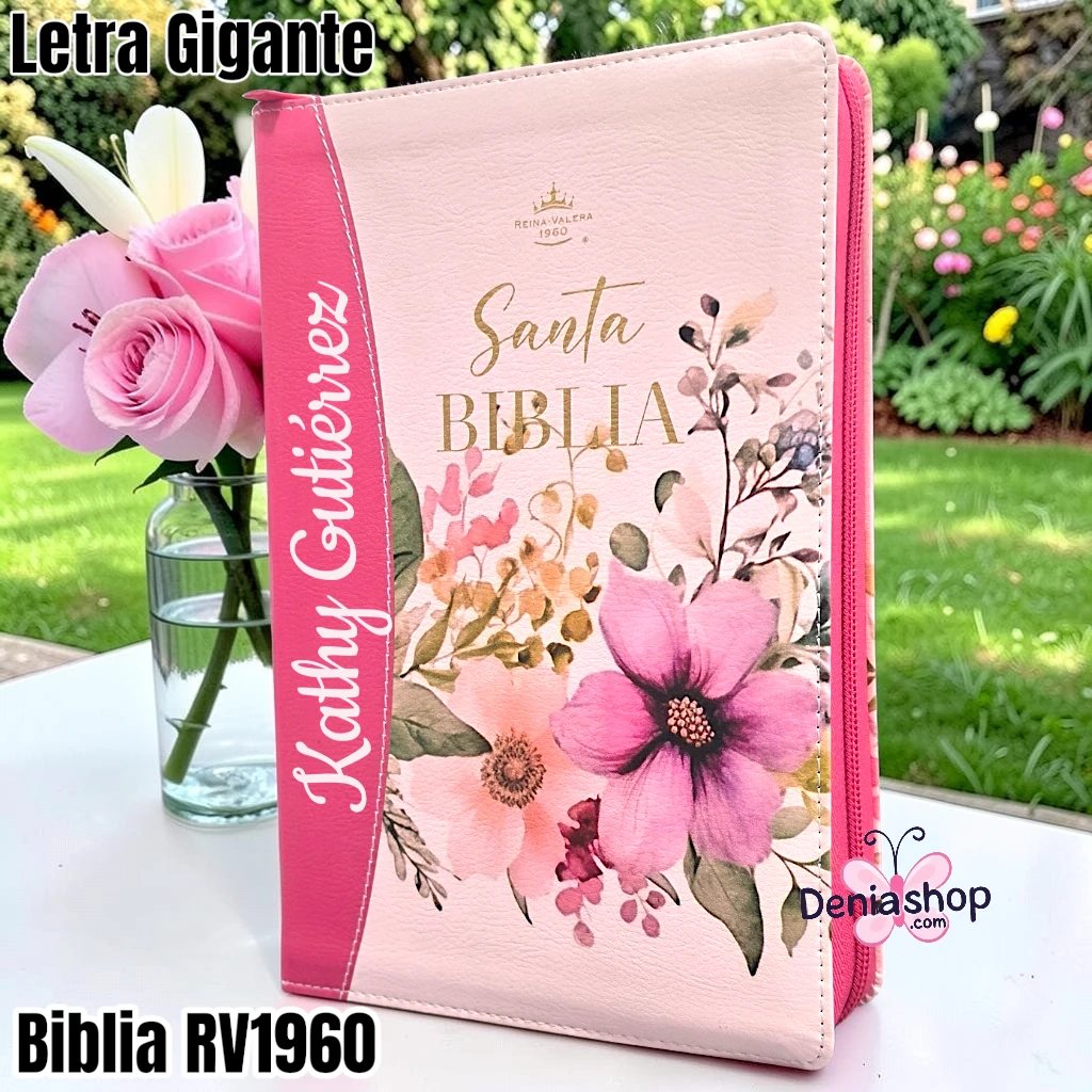 Biblia Personalizada Rosa Frambuesa Floral - Letra Gigante de 14 Puntos - Reina Valera 1960 - Tamaño Manual con Cierre - Español