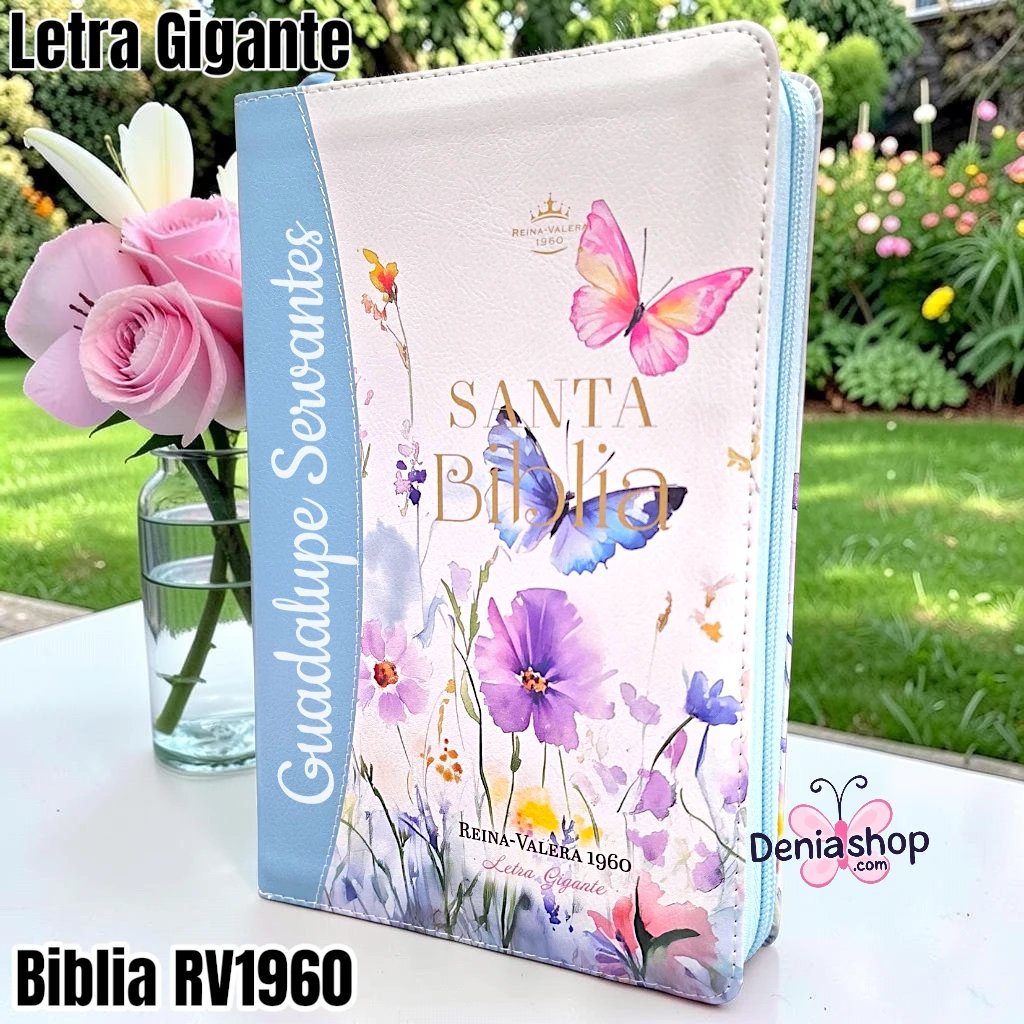 Biblia Personalizada Celeste con Mariposas - Letra Gigante de 14 Puntos - Reina Valera 1960 - Tamaño Regular con Cierre - Español