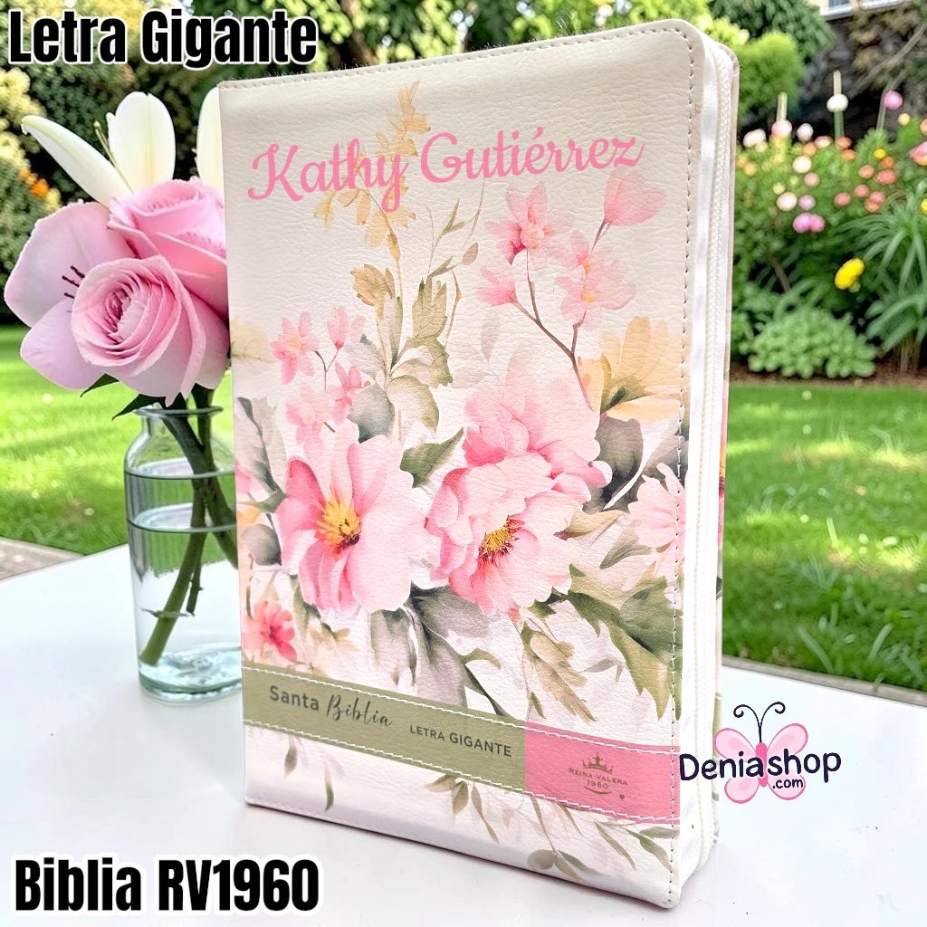 Biblia Personalizada Vainilla Floral - Letra Gigante de 14 Puntos - Reina Valera 1960 - Tamaño Regular con Cierre - Español