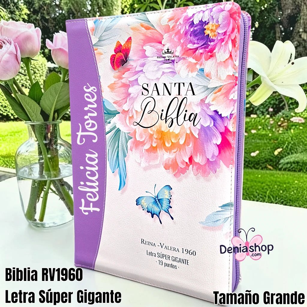 Biblia Personalizada Morada Floral - Letra Súper Gigante de 19 Puntos - Reina Valera 1960 - Tamaño Grande - Español