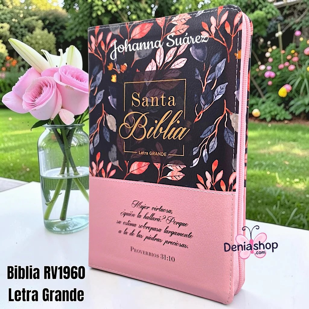 Biblia Personalizada Otoño Rosa - Letra Grande de 12 Puntos - Reina Valera 1960 - Tamaño Regular con Cierre - Español