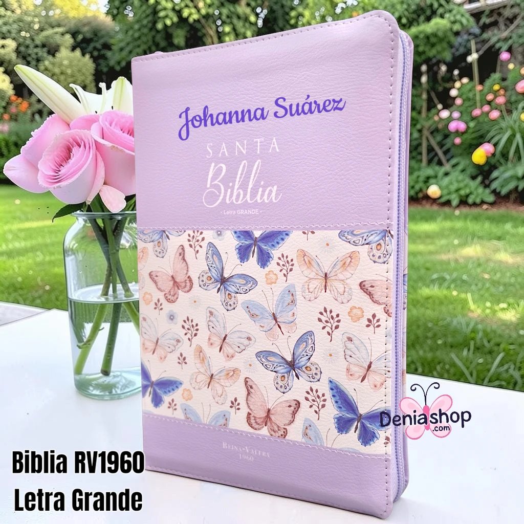 Biblia Personalizada Mariposa Lavanda - Letra Grande de 12 Puntos - Reina Valera 1960 - Tamaño Regular con Cierre - Español