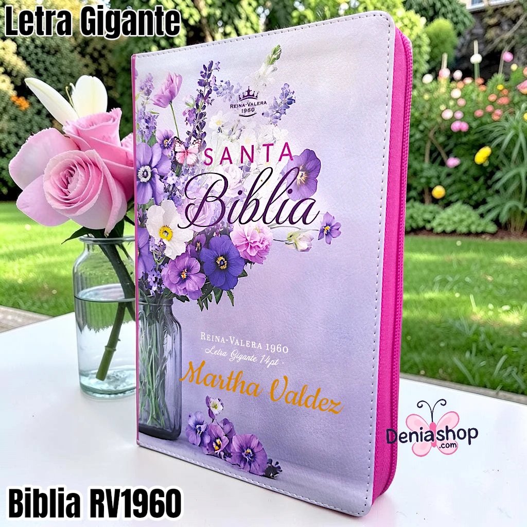 Biblia Personalizada Morada con Florero - Letra Gigante de 14 Puntos - Reina Valera 1960 - Tamaño Regular con Cierre - Español