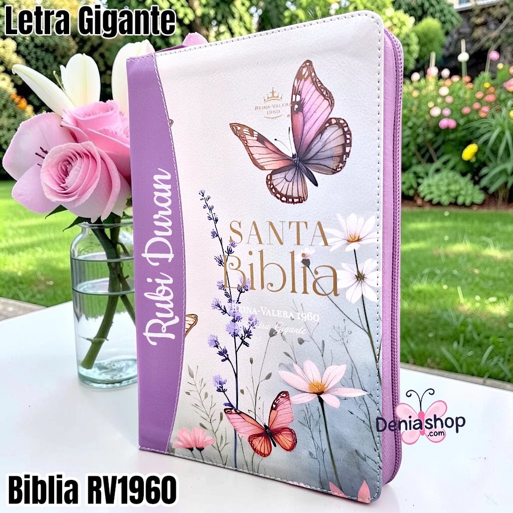 Biblia Personalizada Morada con Mariposas - Letra Gigante de 14 Puntos - Reina Valera 1960 - Tamaño Regular con Cierre - Español