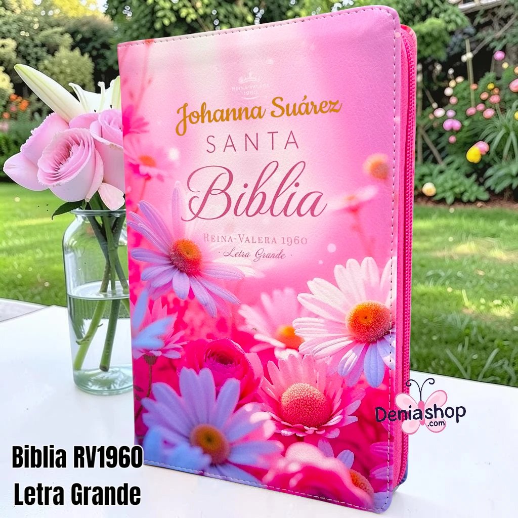 Biblia Personalizada Rosada Margaritas - Letra Grande de 12 Puntos - Reina Valera 1960 - Tamaño Regular con Cierre - Español
