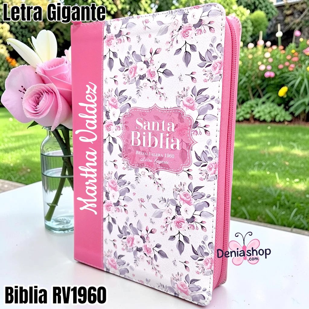Biblia Personalizada Rosada Ramo Vintage - Letra Gigante de 14 Puntos - Reina Valera 1960 - Tamaño Regular con Cierre - Español