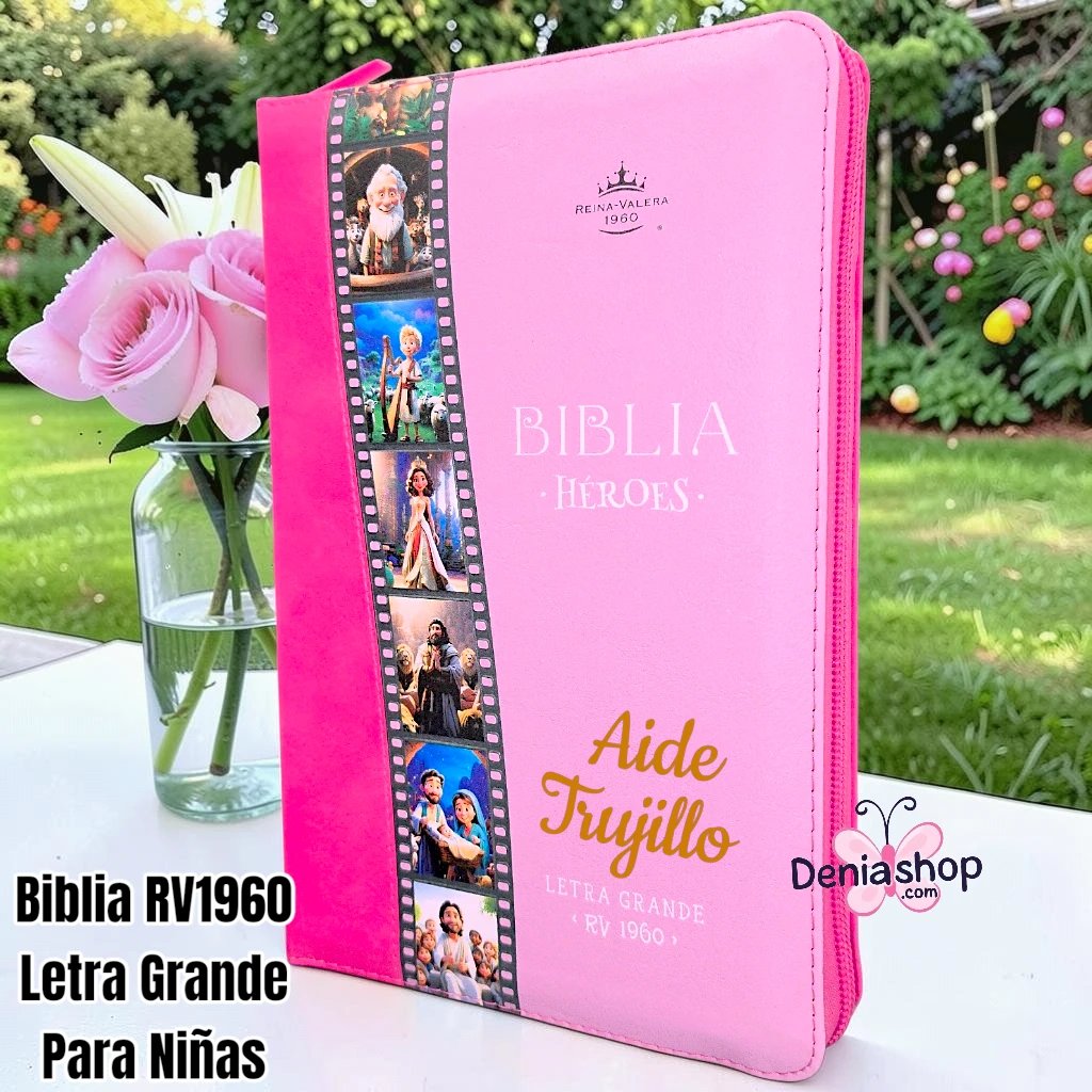 Biblia Personalizada Héroes de la Fe Rosada para Niñas - Letra Grande de 12 Puntos - Reina Valera 1960 - Tamaño Manual con Cierre - Español