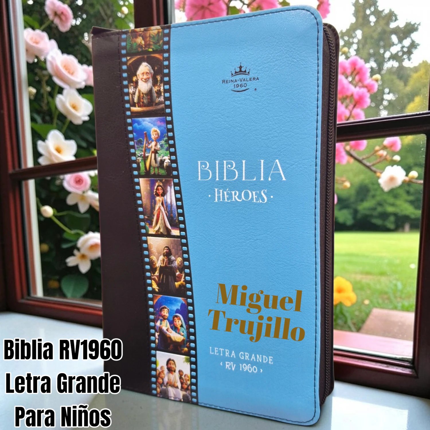 Biblia Personalizada Héroes de la Fe Azul para Niños - Letra Gigante de 14 Puntos - Reina Valera 1960 - Tamaño Manual con Cierre - Español