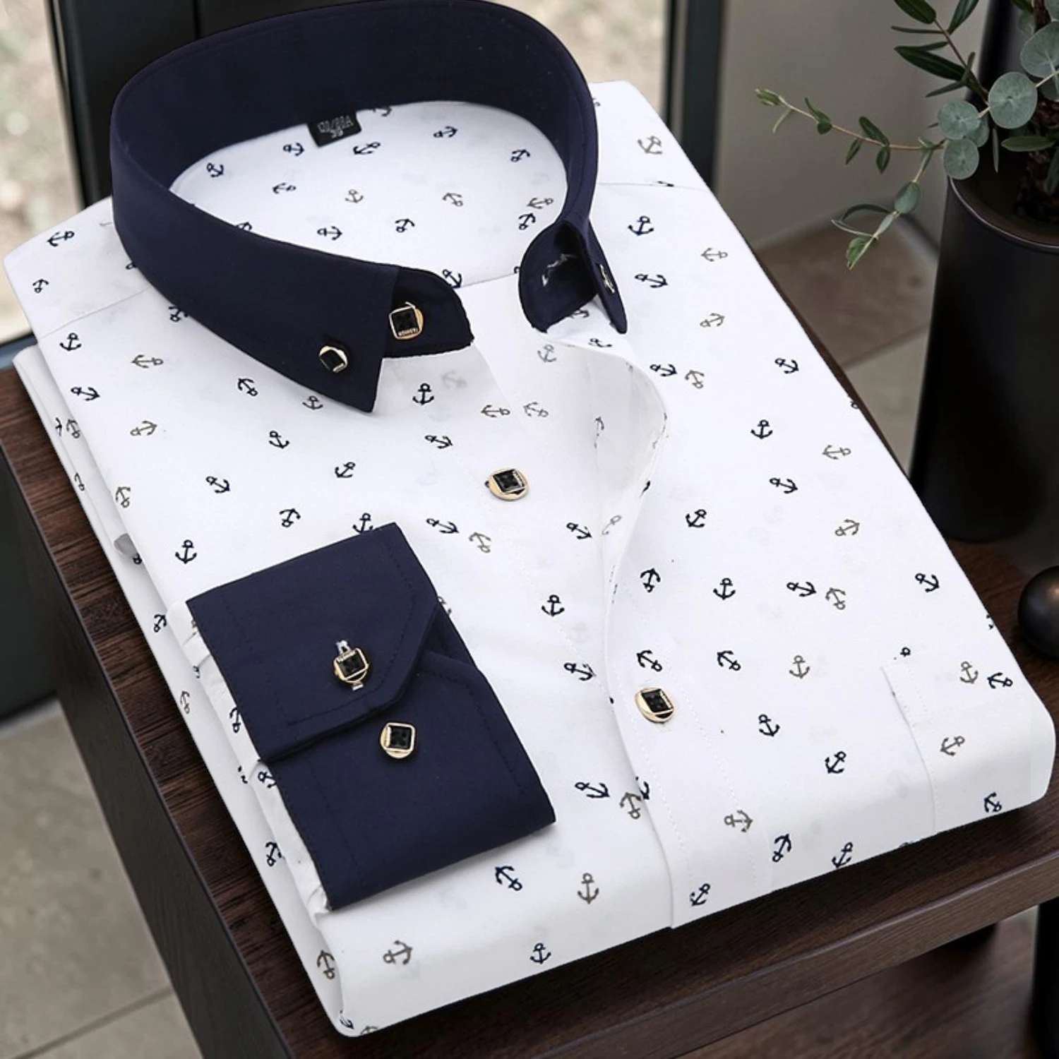 Camisa de Vestir Blanca con Estampado de Anclas para Hombre Manga Larga | Ligera, Transpirable y Elegante 100% Poliéster