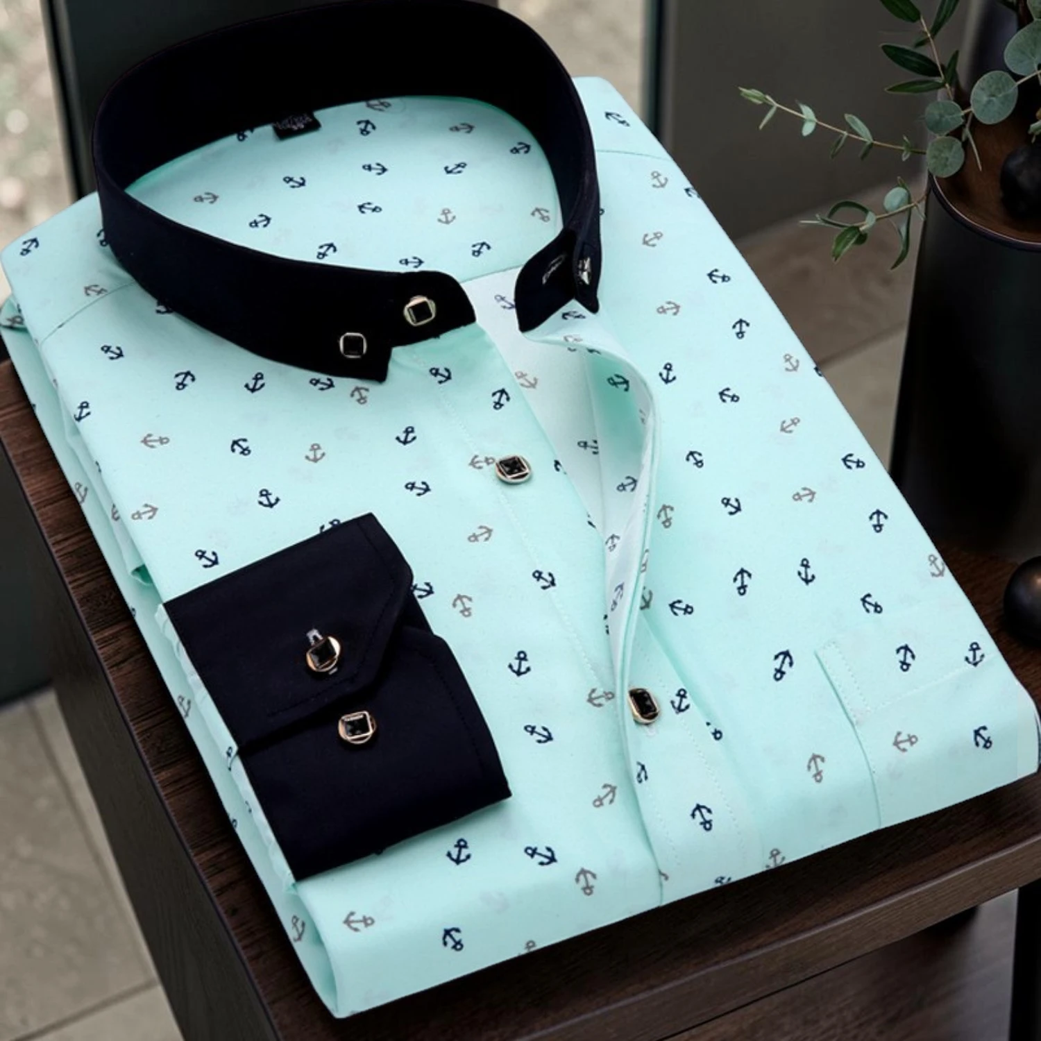Camisa de Vestir Verde con Estampado de Anclas para Hombre Manga Larga | Ligera, Transpirable y Elegante 100% Poliéster