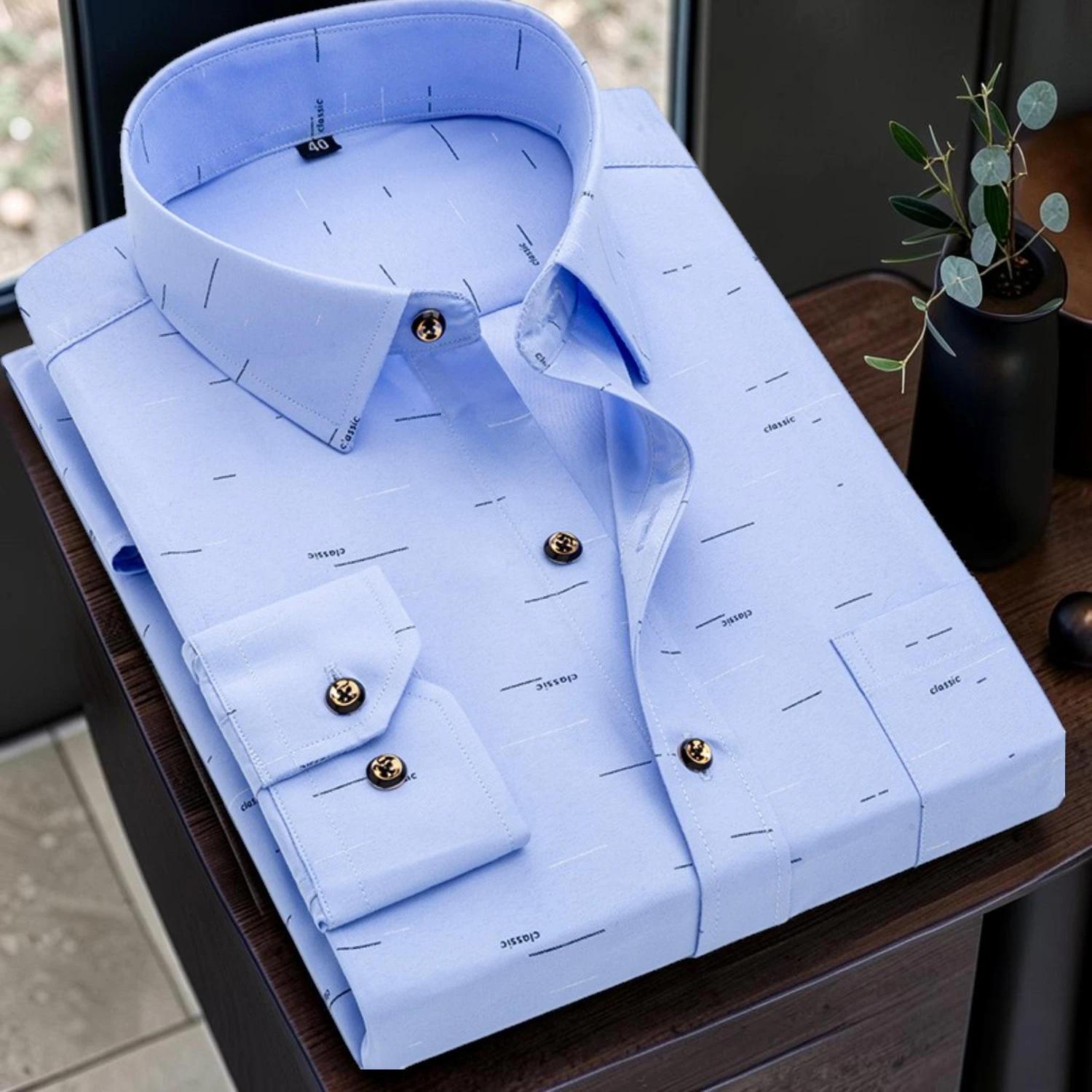 Camisa de Vestir Verde con Estampado de Rayas para Hombre Manga Larga | Ligera, Transpirable y Elegante 100% Poliéster