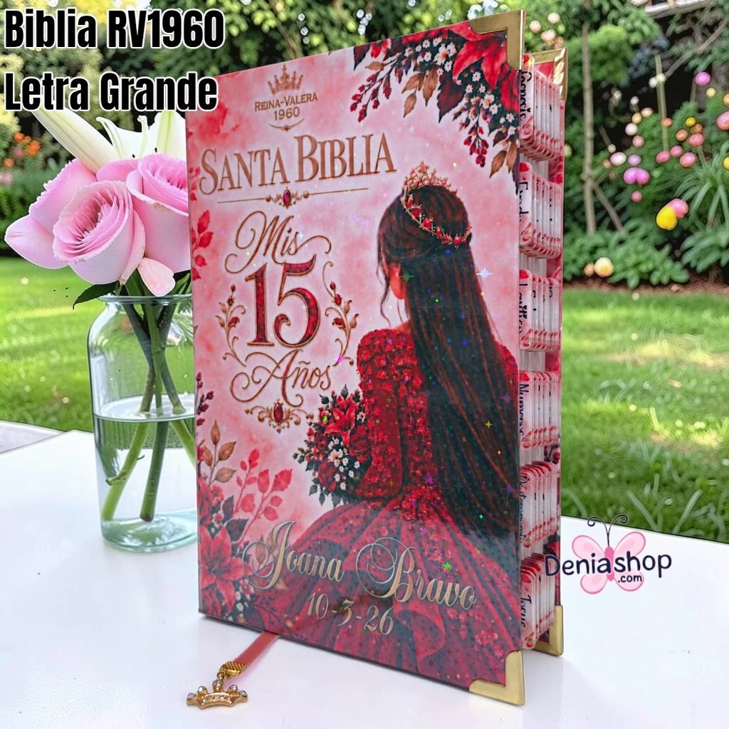 Biblia Personalizada Roja para Quinceañera - Letra Grande de 12 Puntos - Reina Valera 1960 - Tapa Dura - Tamaño Regular - Español