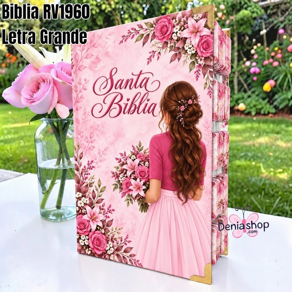 Biblia Personalizada Rosada Dama de Rosas - Letra Grande de 12 Puntos - Reina Valera 1960 - Tapa Dura - Tamaño Regular - Español