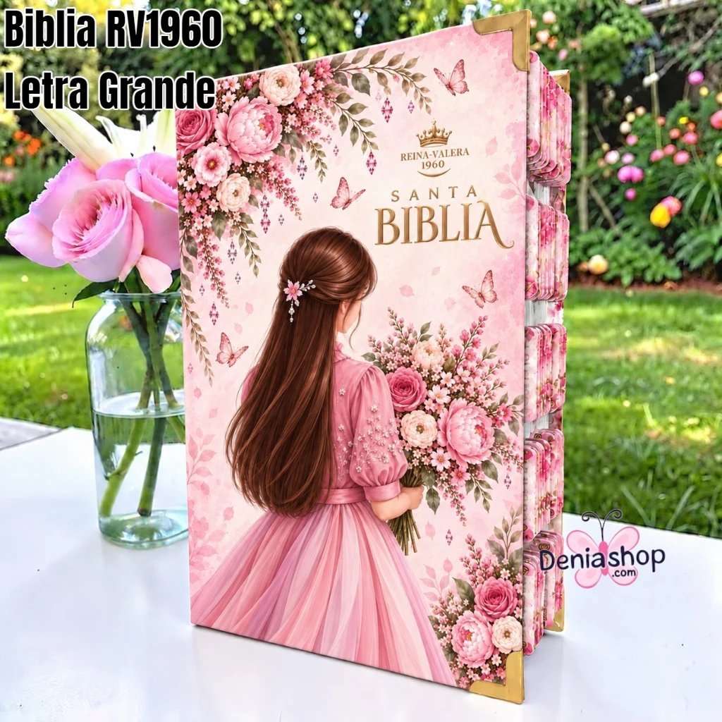 Biblia Personalizada Rosada Dama de Flores - Letra Grande de 12 Puntos - Reina Valera 1960 - Tapa Dura - Tamaño Regular - Español