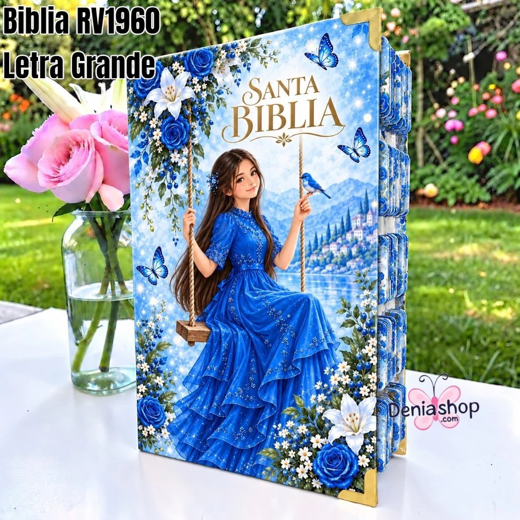 Biblia Personalizada Azul con Dama en el Columpio - Letra Grande de 12 Puntos - Reina Valera 1960 - Tapa Dura - Tamaño Regular - Español