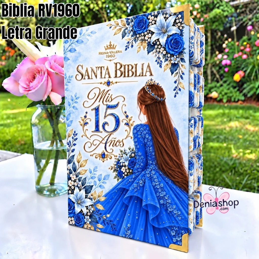 Biblia Personalizada Azul para Quinceañeras - Letra Grande de 12 Puntos - Reina Valera 1960 - Tapa Dura - Tamaño Regular - Español
