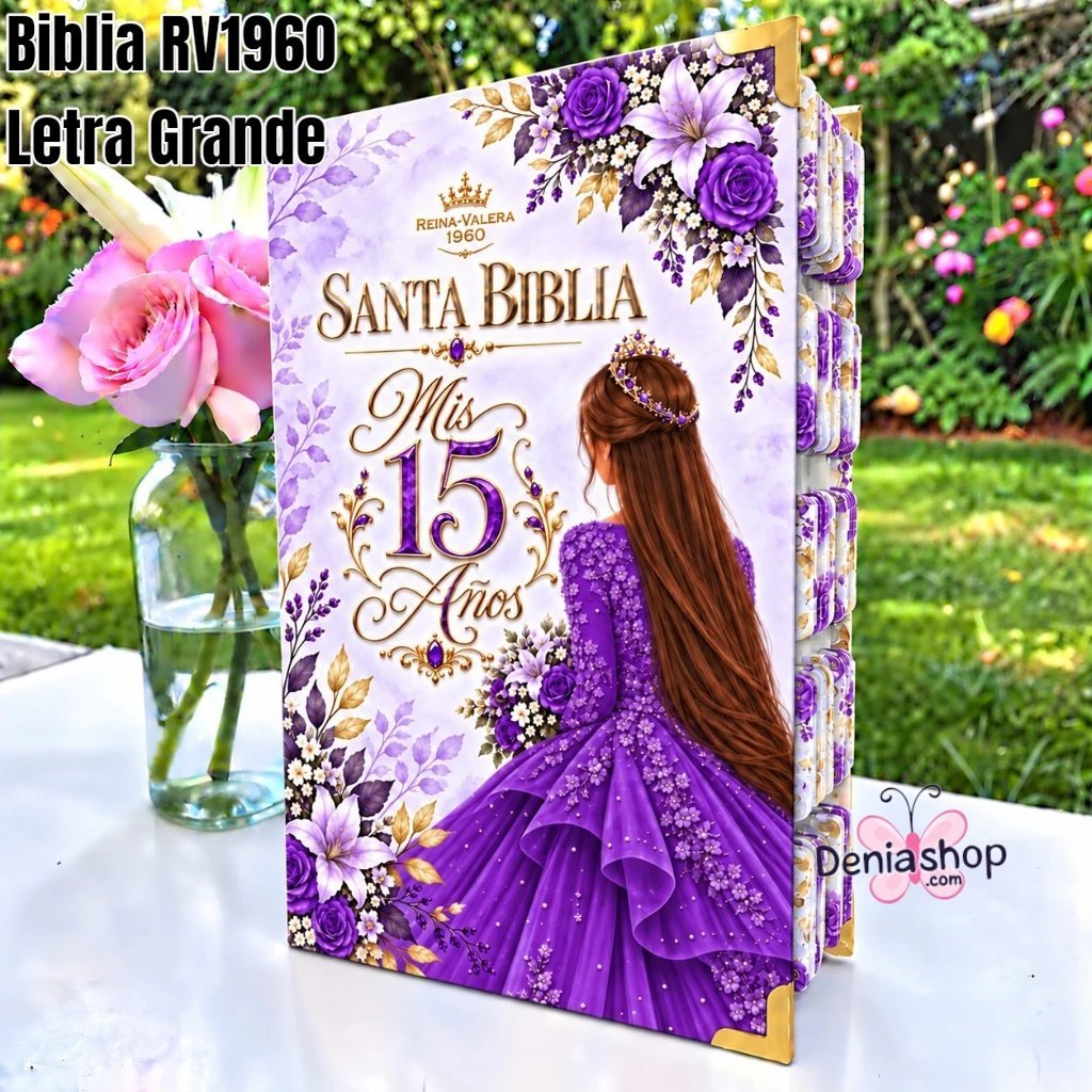 Biblia Personalizada Morada para Quinceañeras - Letra Grande de 12 Puntos - Reina Valera 1960 - Tapa Dura - Tamaño Regular - Español