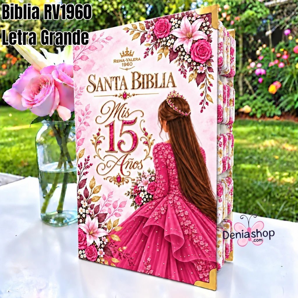 Biblia Personalizada Rosada para Quinceañeras - Letra Grande de 12 Puntos - Reina Valera 1960 - Tapa Dura - Tamaño Regular - Español