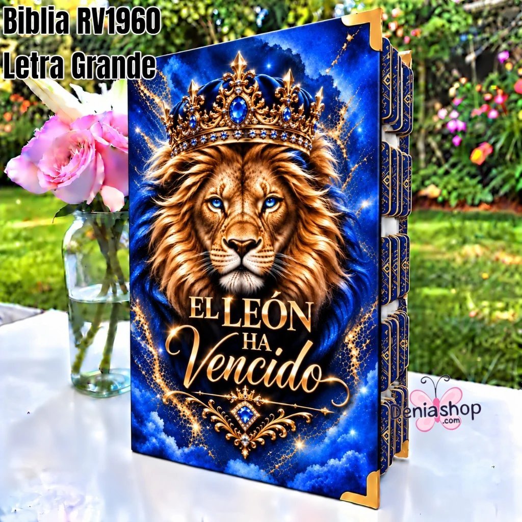 Biblia Personalizada Azul con León - Letra Grande de 12 Puntos - Reina Valera 1960 - Tapa Dura - Tamaño Regular - Español