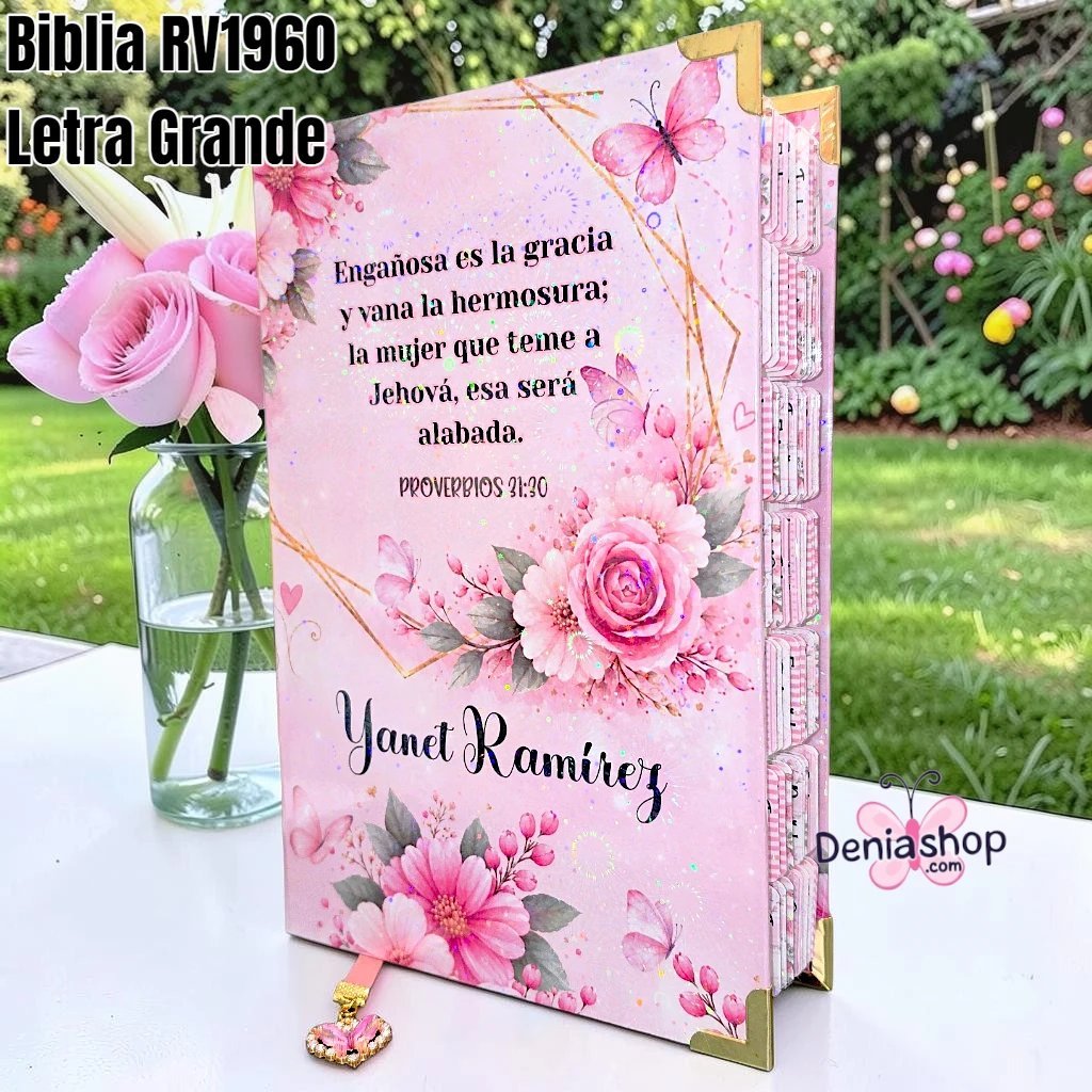 Biblia Personalizada Rosada Floral - Letra Grande de 12 Puntos - Reina Valera 1960 - Tapa Dura - Tamaño Regular - Español